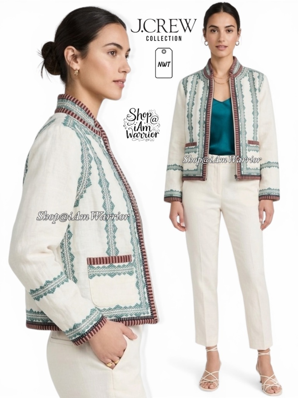 J.Crew Collection NWT Embroidered Boho Ribbon Trim Zip Front Ivory Linen Jacket - Picture 2 of 11